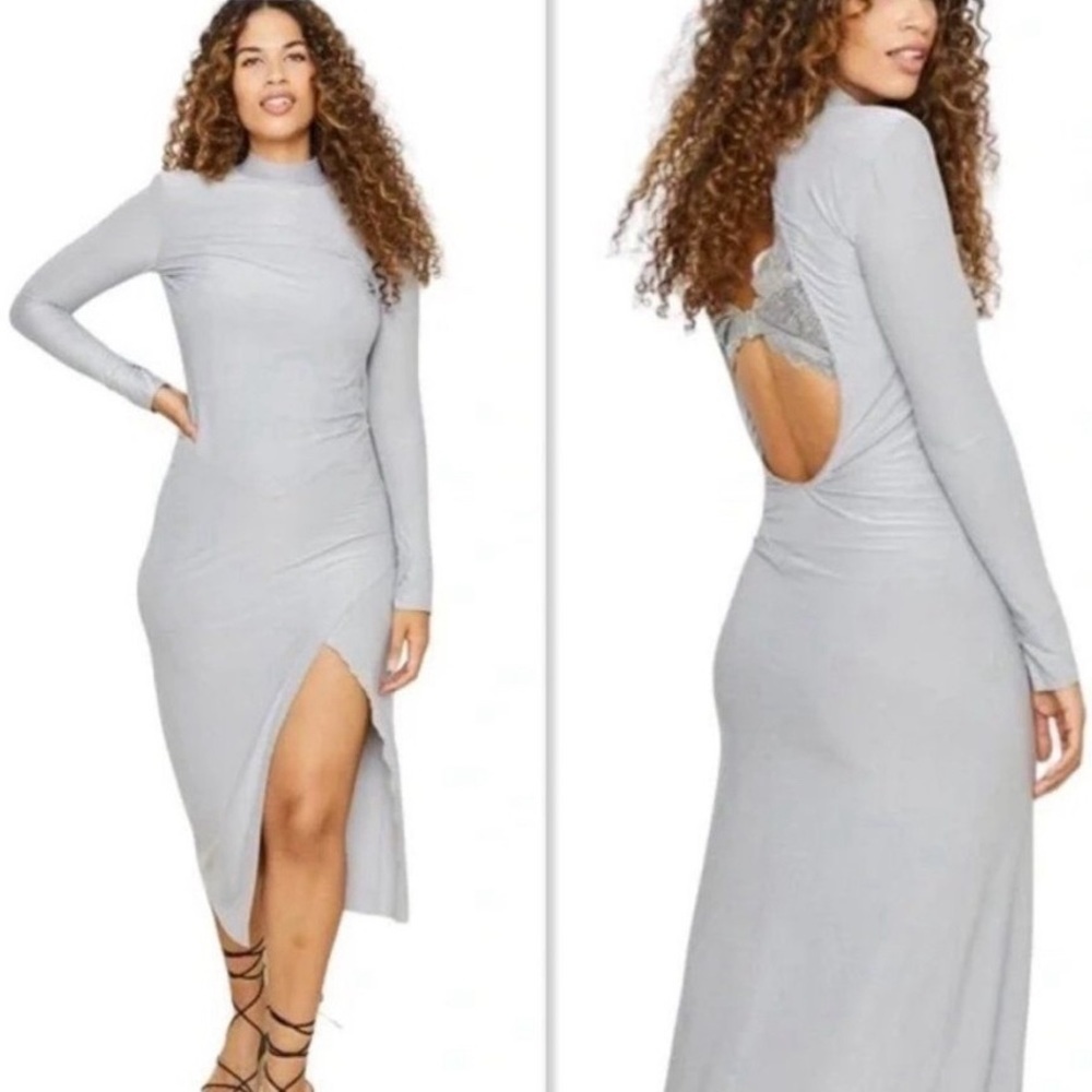 NWT We Are HAH Southern Lady Open Back Long Sleeve Midi Dress in Gray Sz M